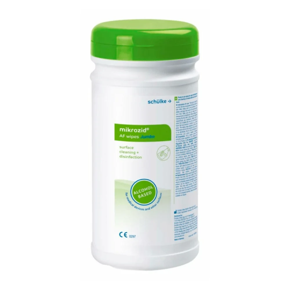 Weiße Dose mikrozid AF wipes mit grünem Deckel