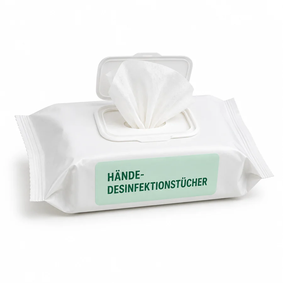 Symbolbild: weiße Packung mit der Aufschrift Hände-Desinfektionstücher